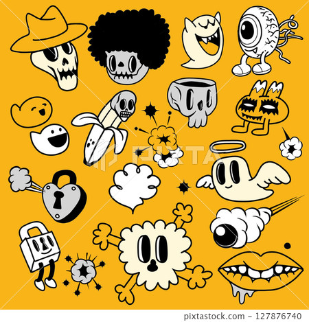 Colorful cartoon illustrations featuring various playful characters, including ghosts, skulls 127876740