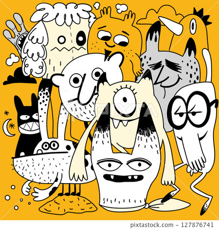 Colorful cartoon monsters and creatures with various expressions and features bright yellow 127876741