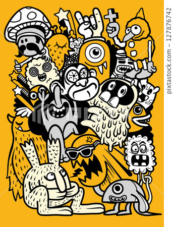 Colorful cartoon characters and monsters in playful design on bright yellow background 127876742