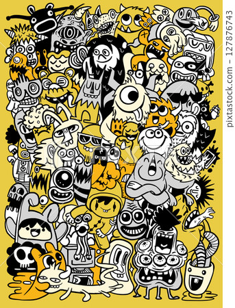 Colorful cartoon characters fill image, showcasing variety of playful and whimsical designs 127876743