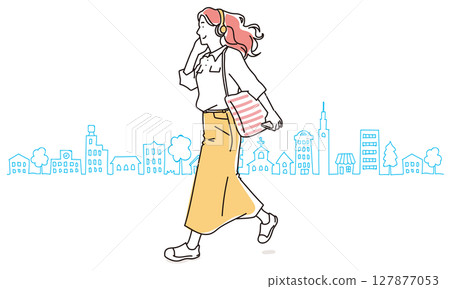 一位女士邊聽音樂邊走路的粗略插圖 一位女士邊聽音樂邊走路的粗略插圖 127877053