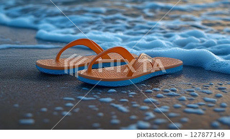Orange blue flip flops on sandy beach with waves 127877149