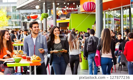 Happy young adults enjoying food and conversation at outdoor market 127877236