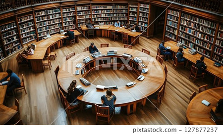 Circular library interior students studying at wooden desks Circular library interior students studying at wooden desks 127877237