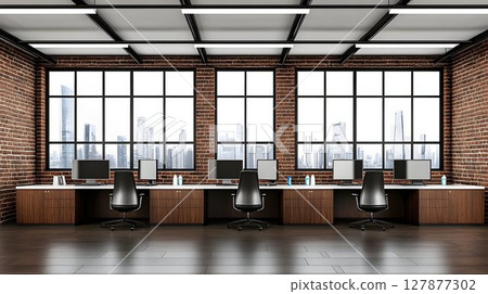 Modern office interior design city view exposed brick walls workspaces Modern office interior design city view exposed brick walls workspaces 127877302