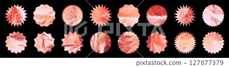 Rose gold stars, sunburst symbols. Shiny gold foil. Vintage sunbeam symbols. Shopping labels, sale sticker, quality mark. Modern art. Wedding, greeting card decoration elements. Vector illustration Rose gold stars, sunburst symbols. Shiny gold foil. Vintage sunbeam symbols. Shopping labels, sale sticker, quality mark. Modern art. Wedding, greeting card decoration elements. Vector illustration 127877379