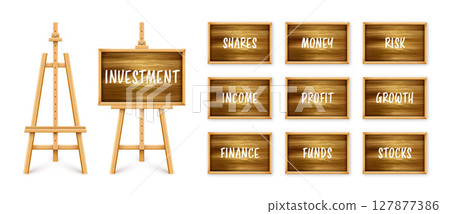 Wooden chalkboard on easel. Blackboard in wooden frame on a tripod. Presentation board with text, writing or drawing surface. Business investment, economics and finance. Vector illustration 127877386