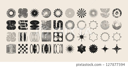 Brutalist geometric shapes, modern grunge symbols. Simple primitive elements and forms, distressed details. Retro design, aged, vintage, trendy contemporary minimalist style, y2k. Vector illustration Brutalist geometric shapes, modern grunge symbols. Simple primitive elements and forms, distressed details. Retro design, aged, vintage, trendy contemporary minimalist style, y2k. Vector illustration 127877394