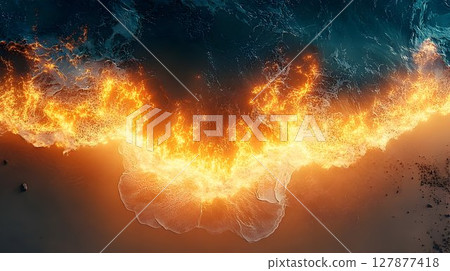 Fiery abstract texture background intense orange and blue flames Fiery abstract texture background intense orange and blue flames 127877418