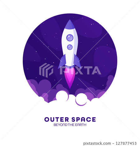 Rocket launch, space futuristic colorful background with planets and stars. Cartoon starship, spaceship in night sky. Solar system, galaxy and universe exploration. Vector illustration 127877453