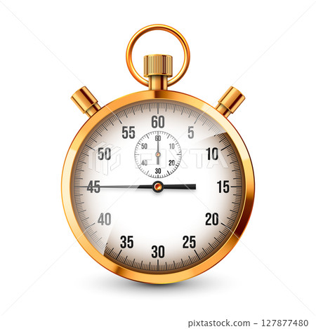 Realistic classic stopwatch. Shiny golden metal chronometer, time counter with dial. Countdown timer showing minutes and seconds. Time measurement for sport, start, finish. Vector illustration 127877480