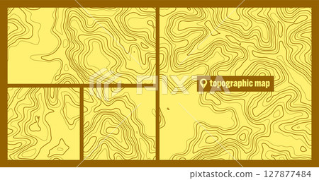 Colorful topographic map sets with contour lines. Geographic terrain grid, relief height elevation. Ground path pattern. Travel and navigation, cartography design element. Vector illustration 127877484