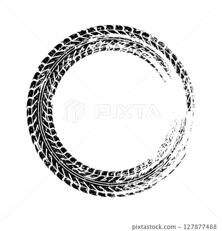 Grunge circle tire track, wheel braking mark. Truck, car or motorcycle tread pattern silhouettes. Auto race, motorsport, speed racing design element. Vector illustration Grunge circle tire track, wheel braking mark. Truck, car or motorcycle tread pattern silhouettes. Auto race, motorsport, speed racing design element. Vector illustration 127877488
