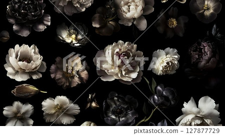 Dark floral pattern monochrome flowers on black background 127877729