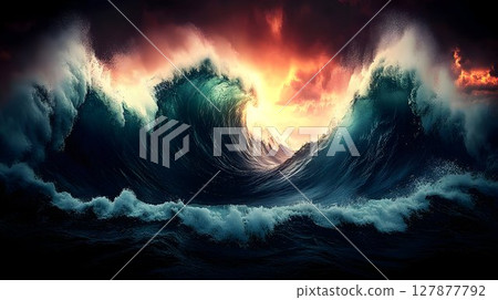Dramatic ocean waves at sunset dark teal and blue water dynamic composition 127877792