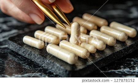 Carefully arranged vitamins are elegantly displayed on sleek black marble tray Golden tweezers delicately pick up one capsule, highlighting sophistication and exclusivity in composition 127878152