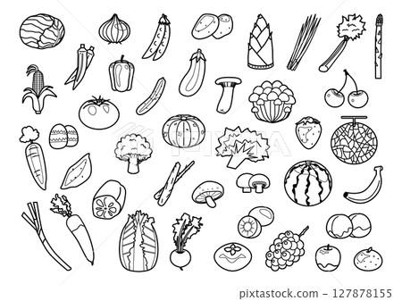 蔬菜、蘑菇和水果插圖以黑白顯示 127878155