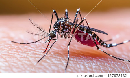 Dengue hemorrhagic fever DHF mosquito sucking human skin. Dengue hemorrhagic fever DHF mosquito sucking human skin. 127878182