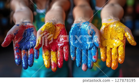 in lively classroom, children immerse themselves in painting, using bright colors and showing enthusiasm their hands and aprons are joyfully covered in paint as they explore their creativity 127878195