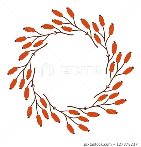 Autumn berry circle frame. Round border made of fall berries. The berries have different shapes and are arranged in a circle. Vector flat isolated on white background. 127878237