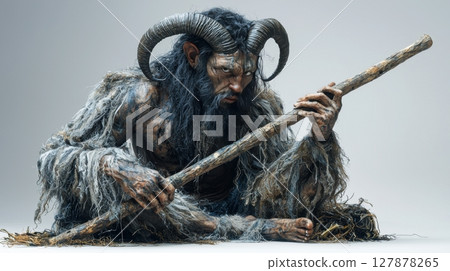 Mischievous satyr short curved horns and hooved feet plays rustic wooden flute His goat like fur and wild hair enhance his untamed and mystical appearance 127878265