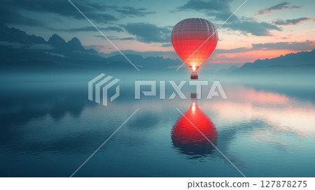 hot air balloon, uniquely constructed from stacked limes, floats gracefully above calm waters dawn Its soft green glow symbolizes freshness and energy in serene setting hot air balloon, uniquely constructed from stacked limes, floats gracefully above calm waters dawn Its soft green glow symbolizes freshness and energy in serene setting 127878275