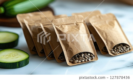 Flat white zucchini seeds are showcased in minimalist packet on smooth surface fresh green zucchini slice adds color and context product presentation Flat white zucchini seeds are showcased in minimalist packet on smooth surface fresh green zucchini slice adds color and context product presentation 127878436