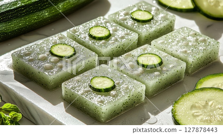 Flat white zucchini seeds are displayed in packet on smooth white surface vibrant green zucchini slice adds color and context minimalist design promotes gardening 127878443