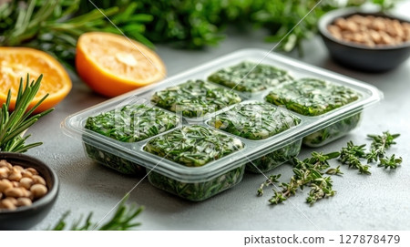 tiny rosemary seeds are beautifully packaged in clear packet set against pristine white background perfectly aligned and ready for planting, they offer fresh planting option for gardens 127878479