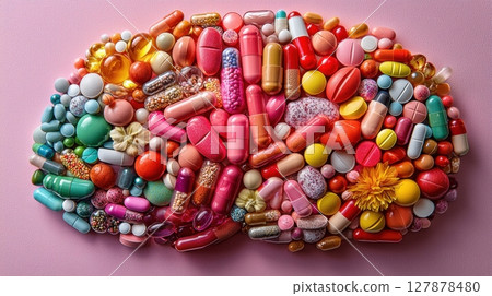 Tiny vitamin capsules are artfully arranged form vibrant human brain shape, highlighting importance of nutrition in cognitive health and promoting well being through diet choices 127878480