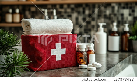 family first aid kit is neatly placed on bathroom counter filled essential supplies like bandages, antiseptics, and cold medicine for easy access during emergencies 127878488