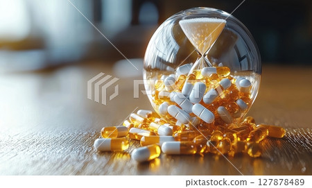Golden and white vitamin capsules are arranged inside hourglass, emphasizing crucial relationship between time and maintaining overall health and wellness 127878489