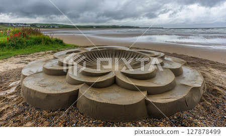 sand artist concentrates on creating intricate mandala design on beach while ocean waves approach softly in background Moments like highlight beauty of ephemeral art 127878499