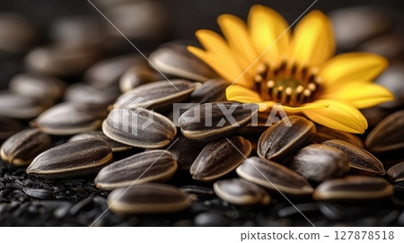 sunflower seeds rich dark shells are arranged neatly, accompanied vibrant yellow petal layout emphasizes seeds' blooming potential in attractive display 127878518