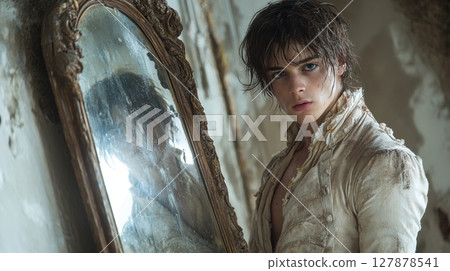 In vintage room, nobleman gazes into antique mirror, his disheveled royal attire contrasting his deep expression of regret atmosphere is heavy nostalgia and introspection In vintage room, nobleman gazes into antique mirror, his disheveled royal attire contrasting his deep expression of regret atmosphere is heavy nostalgia and introspection 127878541