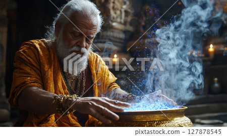In dim chamber lit flickering candles, skilled alchemist pours glowing vitamin powder into golden cauldron, surrounded rising mystical blue vapors 127878545