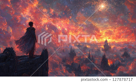 powerful intergalactic empress stands proudly on edge of massive spaceship she gazes intently vivid cosmic battlefield illuminated dawn, waves of color reflecting her strength 127878717