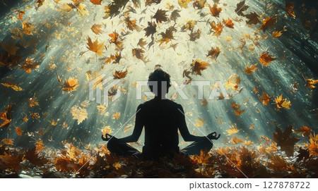 In tranquil forest filled tall trees, peaceful figure meditates while colorful autumn leaves swirl around, creating magical and serene atmosphere filled light 127878722