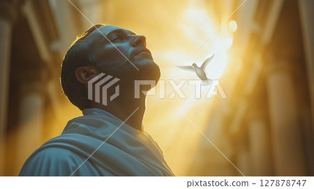 In breathtaking atmosphere filled golden light, God Father and Jesus Christ are depicted in celestial connection 127878747