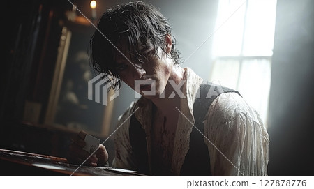 in dimly lit backstage area, magician rehearses card tricks, hunched over mirror lit vanity table focused intensity overhead lighting casts dramatic shadows as he expertly flips cards in dimly lit backstage area, magician rehearses card tricks, hunched over mirror lit vanity table focused intensity overhead lighting casts dramatic shadows as he expertly flips cards 127878776