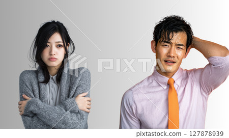A woman who is sensitive to the cold and a man who is sensitive to the heat 127878939