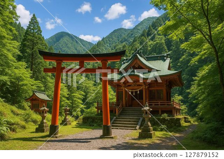 The torii gate of Arakurayama Shrine covered in fresh greenery 127879152