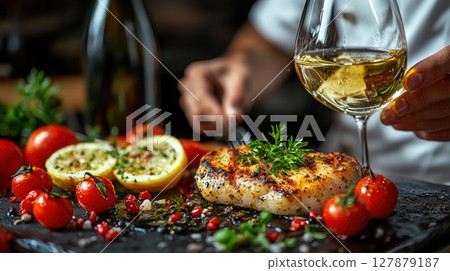In upscale restaurant, Michelin star chef meticulously plates gourmet dish while sommelier pours carefully chosen wine, enhancing culinary experience elegant flavors 127879187