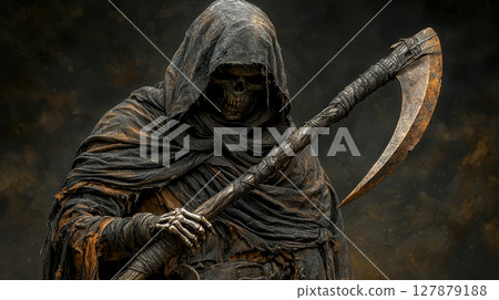 shadowy reaper figure stands ominously, draped in deep black tattered cloak gripping ancient scythe, skeletal hands protrude from sleeves, contributing eerie atmosphere 127879188