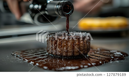 In elegant dining environment, Michelin star chef meticulously plates dish while sommelier pours premium wine, creating exquisite culinary experience delights senses 127879189