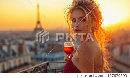 glamorous woman in stunning red dress enjoys glass of wine on wrought iron balcony overlooking picturesque Paris skyline during romantic sunset, radiating elegance and charm 127879203