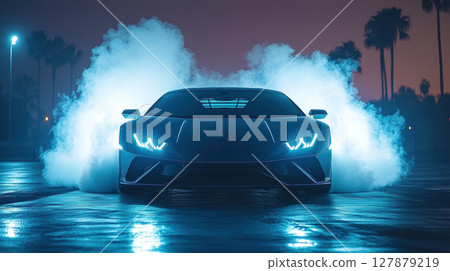 supercar speeds along test track, creating smooth white smoke flows over its sleek hood and roof, emphasizing its aerodynamic efficiency during twilight 127879219