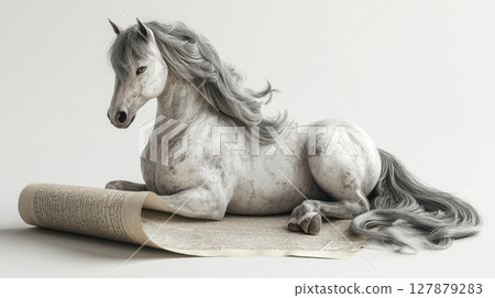 centaur flowing gray streaked mane sits in dignified manner, deeply engrossed in reading ancient parchment scroll pure white background enhances sense of contemplation and wisdom 127879283