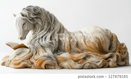 gray streaks in his long flowing mane, centaur sits dignified while reading ancient parchment scroll, embodying wisdom and contemplation in serene ambiance gray streaks in his long flowing mane, centaur sits dignified while reading ancient parchment scroll, embodying wisdom and contemplation in serene ambiance 127879285