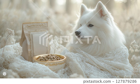 charming white Samoyed savors premium kibble from elegant gold trimmed bowl softly lit background features stylish dog food bag, enhancing luxurious atmosphere charming white Samoyed savors premium kibble from elegant gold trimmed bowl softly lit background features stylish dog food bag, enhancing luxurious atmosphere 127879286